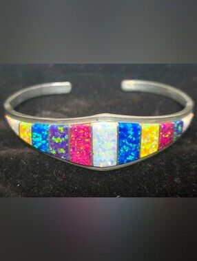 Vintage Native American Zuni 925 Multi-Color Opal Inlay Bracelet - Women Jewelry